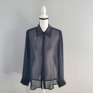 Mossimo Black Sheer Button Down Studded Collar Top M